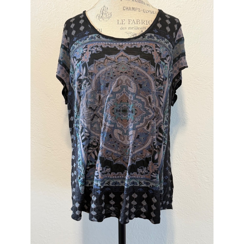 Lucky Brand Women 1X Black Blue Mandala Burnout Graphic Scoop Neck Tee Top
